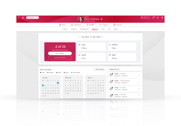 People First platform on desktop showing an employee's calendar view.