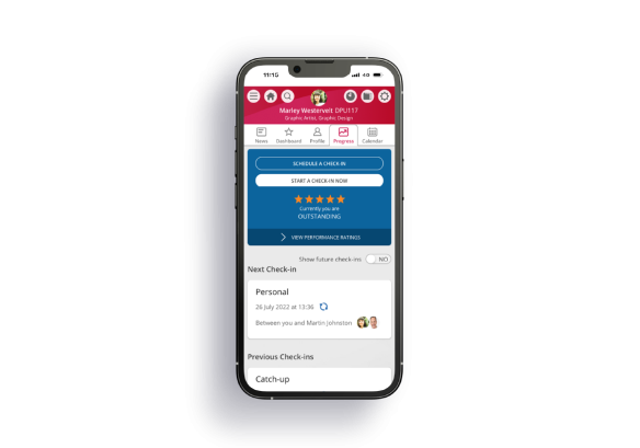 A mobile displaying People First's employee progress and check-in functionality.