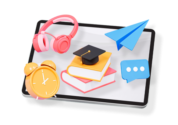 A tablet with books and a graduation cap, alarm clock, headphones, speech bubble and paper aeroplane on top.