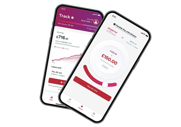 Two mobile phones showing MHR flexible pay app
