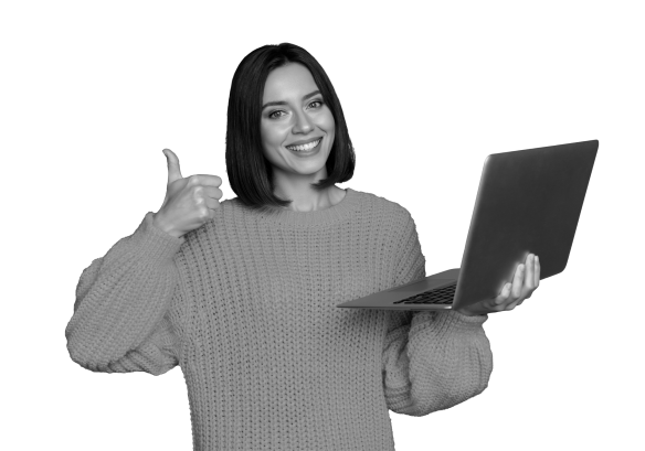 A lady smiling holding an open laptop, the other she has her thumbs up.