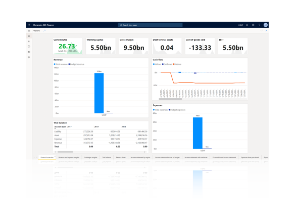 Microsoft Dynamics 365 showing an organisational dashboard that contains gross margin, working capital and more. This allows organisations to manage their corporate performance.
