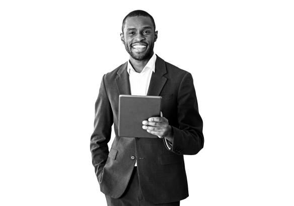 A man holding a tablet, happy after MHR's effectively data story telling through Microsoft dynamics. 