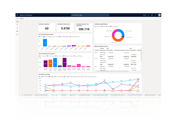 Microsoft Dynamics 365 showing dashboards for financial reporting