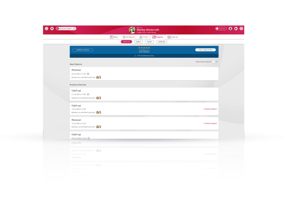 People First Recruitment and onboarding software showing an employees progress within their role as well as their check in star rating and notes. 