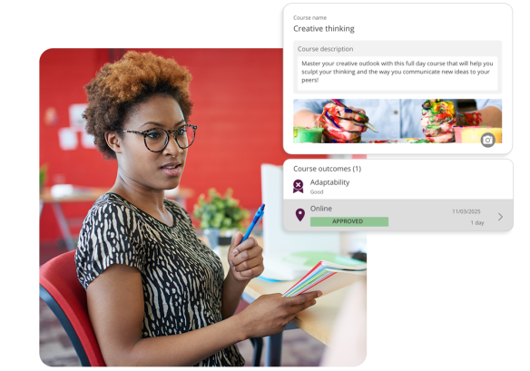 a lady wearing glasses, having a discussion whilst taking notes. with People First's learning and development software displaying courses like creative thinking and course outcomes.