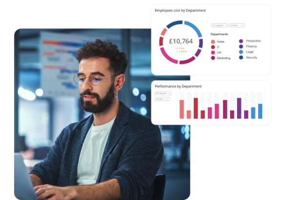 a man wearing glasses, typing on a laptop. with a display of financial planning software showing employee cost per department and performance by department.