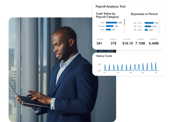 a man standing by a window, wearing a suit, working on a laptop. looking at payroll analysis tools, cash value by payroll category, expenses in period, salary costs.