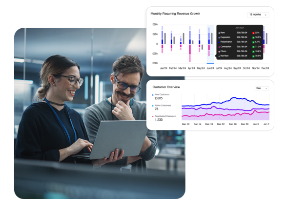 Two people smiling, looking at a laptop. a graph showing monthly recurring revenue growth and customer overview.