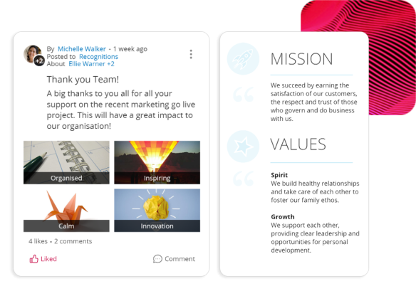 People First employee experience and employee engagement software, displaying a recognition post, company mission and values.