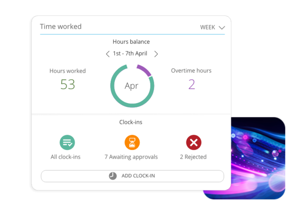 People First workforce management software. showing time worked, hours balance, clock-ins and add a clock-in. 