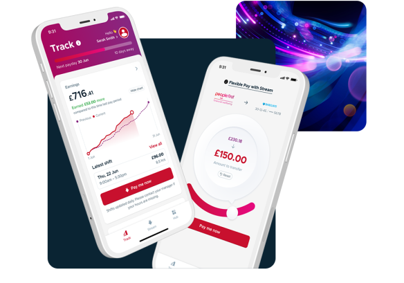 two phones showing People First employee payroll functionality. with tracking and pay now features.
