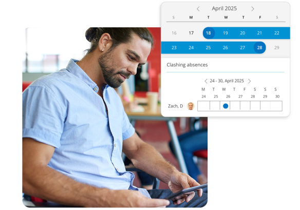 two squares, the bigger one with a man in a shirt looking at a tablet, the second one is a corporate calendar scheduling a meeting. 