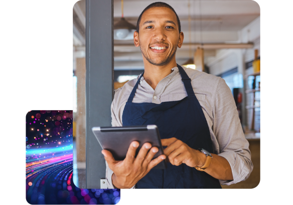 Portrait of a male coffee shop worker accessing People First on his tablet