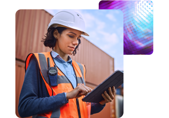 Transport and logistics worker smiling at People First on her work tablet