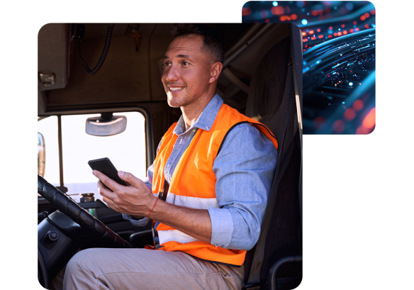 Transport and logistics worker smiling at People First on his work phone