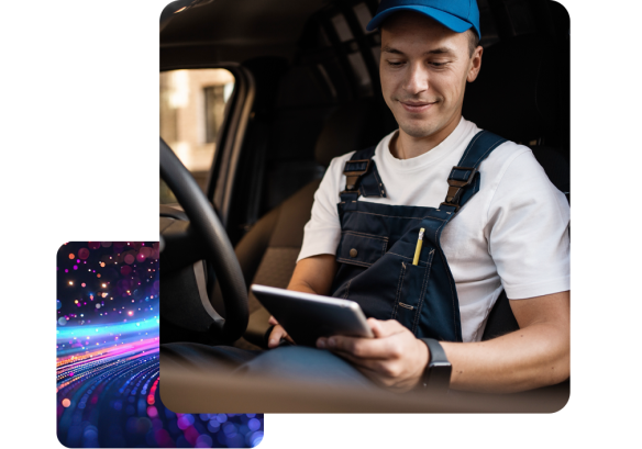 Transport and logistics worker smiling at People First on his work iPad