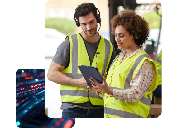 Transport and logistics workers smiling at People First on their work tablet