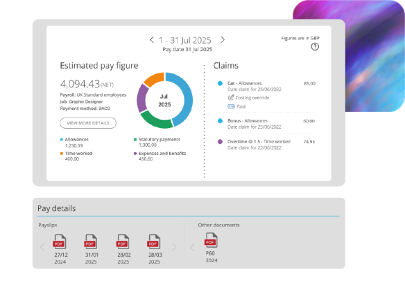 People First real-time payroll software, displaying estimated pay, previous payslips and claims.