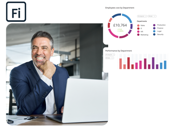 Man smiling at laptop in office with finance screen with finance data overlayed 