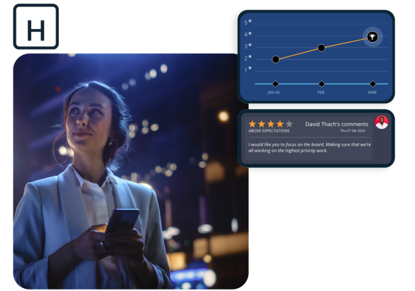 Woman holding mobile phone and image of check-ins data in the People First product