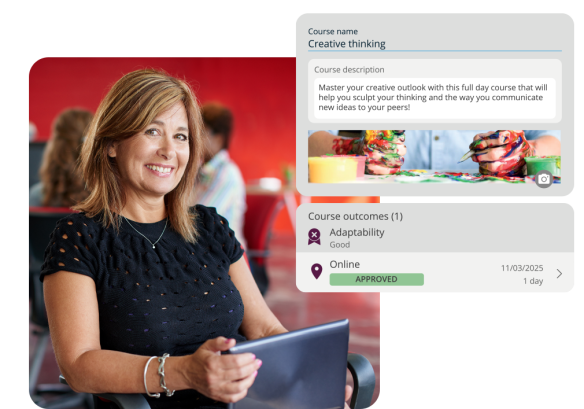 A lady working on a tablet, smiling. With People Firsts learning management system content showing the creative thinking course.