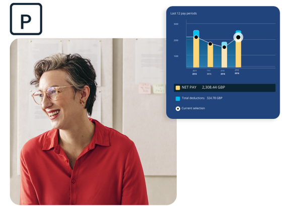 Woman in red top smiling in work environment and image of payroll data in the People First platform