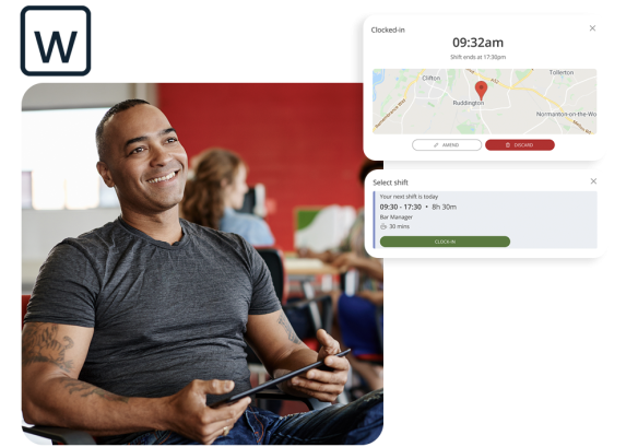 Man smile holding iPad in a work context with image overlays of clocking in software in the People First platform