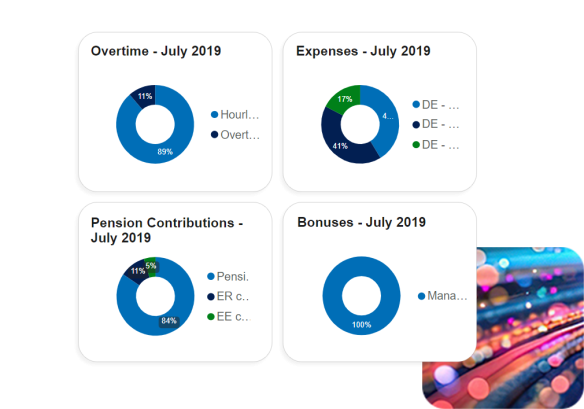 Microsoft power bi payroll analytics, displaying overtime, expenses, pension contribution, bonuses.