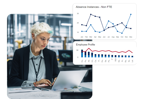 A lady sat on a desk working on a laptop, with Microsoft power bi graphs showing absence instances and employee profile.