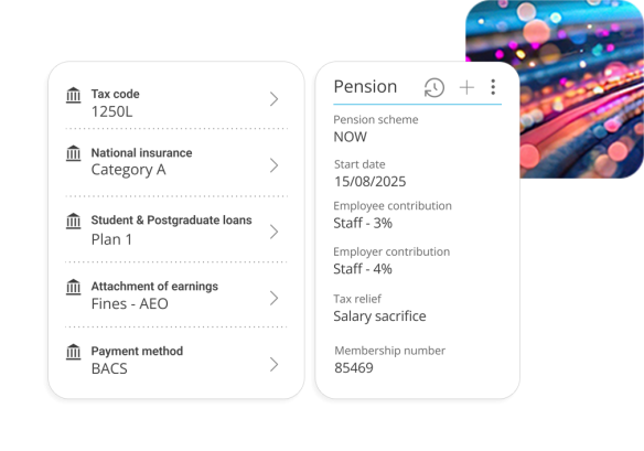 People First payroll showing tax code, national insurance, student loans, attachment of earnings, payment method and pensions. 