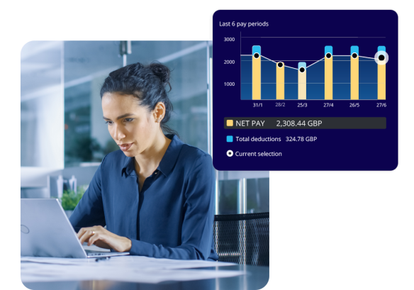 a lady working at a table on a laptop, looking into real-time insights through people first payroll. With a chart displaying show the stats of the last 6 months of pay.