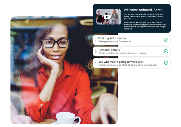 Woman in a cafe, logging into her remote recruitment platform