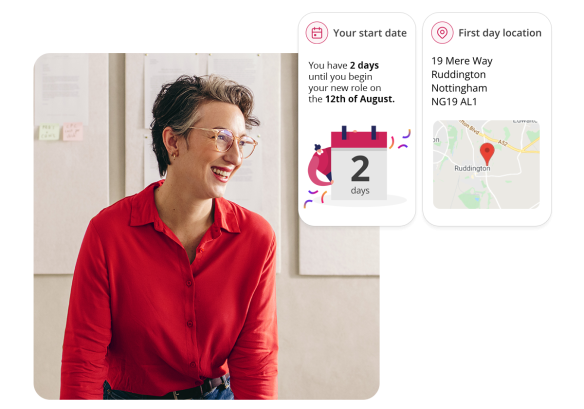 Woman smiling as she can see her first day tasks in her onboarding portal
