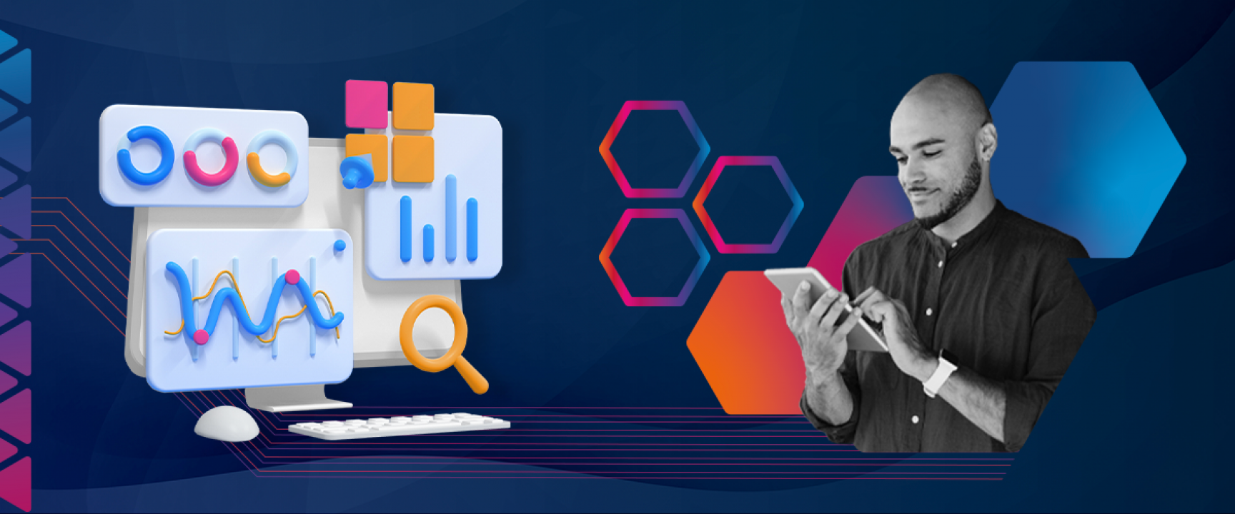 Financial planning blog header, showing financial analytics and a man holding a tablet .