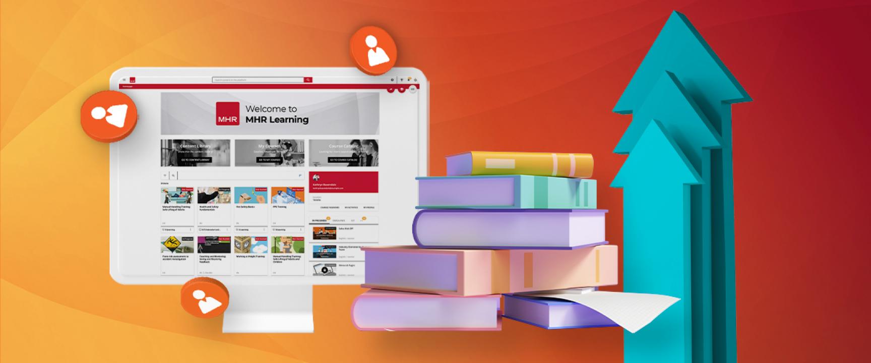 HR learning pillar page header, showing a desktop with MHR learning software displaying, books and arrows increasing.