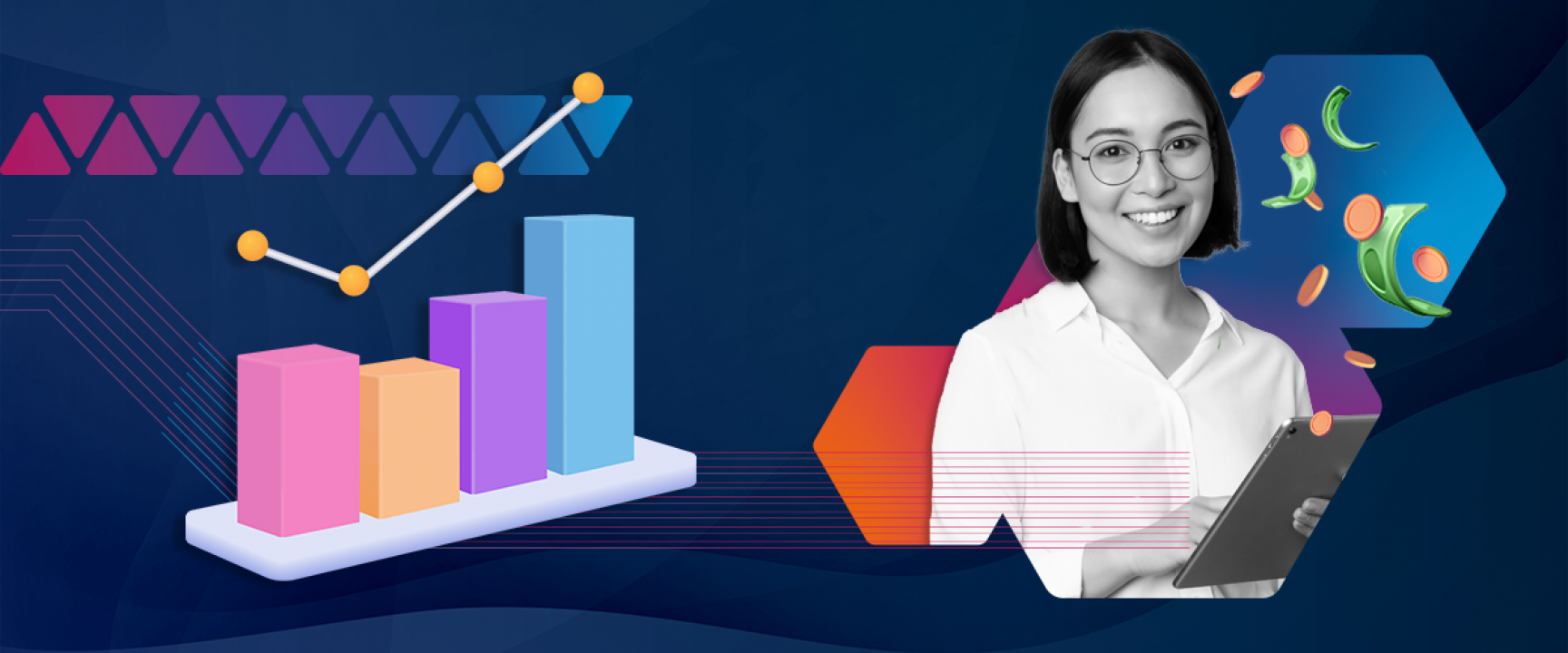 Financial reporting pillar page header, showing financial analytics and a lady holding a clipboard.