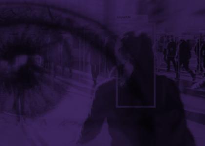 layered images of an eye over a people walking