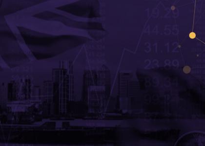 City skyline with the Union Jack flag and abstract overlay