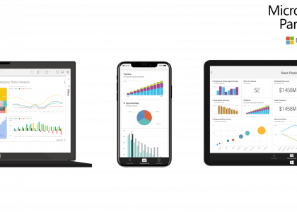 Microsoft Power BI screens with Microsoft Logo
