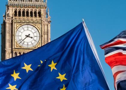 Brexit image EU flag and UK flag and Big Ben