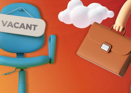 3d work chair with vacant sign and person with briefcase exiting