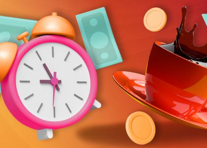 Large pink alarm clock and red coffee cup over a background with paper currency and coins