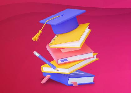a stack of books and stationary leading towards a traditional graduation cap