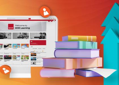 HR learning pillar page header, showing a desktop with MHR learning software displaying, books and arrows increasing.