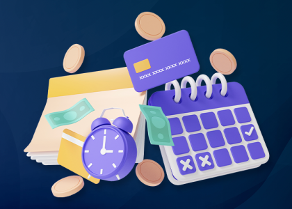 Forward planning blog header, showing a debit card, calendar, a clock and money indicating financial planning.
