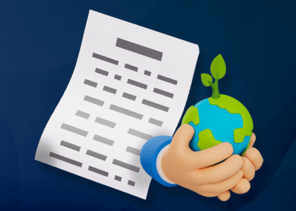 ESG reporting blog header, showing paper and hands holding a world indicating effects of global warming.