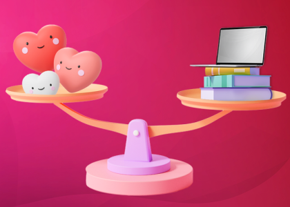 Scales with happy hearts on one side and laptop and books on the other representing work life balance.