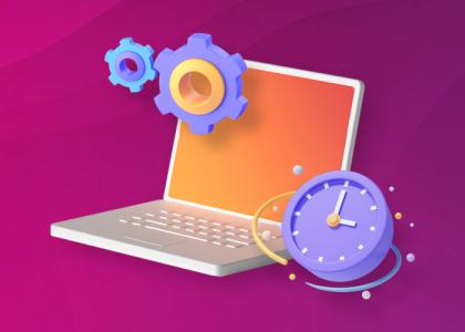 Workforce management pillar page header, showing a laptop with clogs and a clock.
