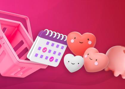Financial wellbeing week 2024, blog header showing a shopping basket with a calendar, heart and a piggy bank inferring money.